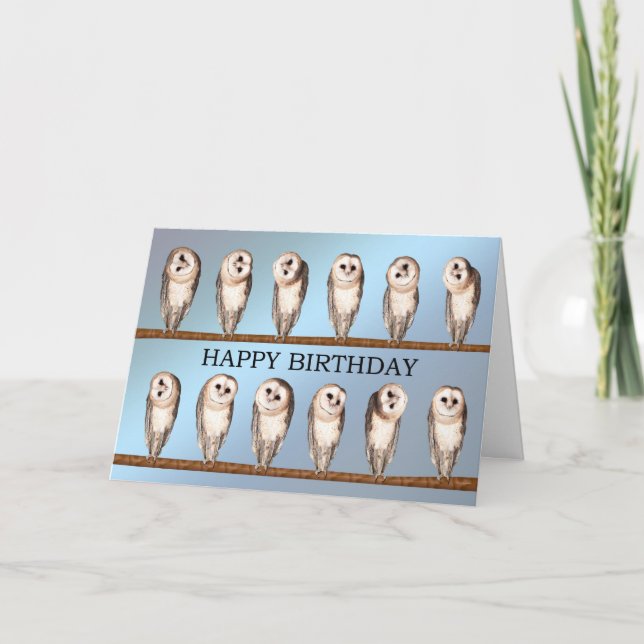 Curiosa tarjeta de cumpleaños de búhos. (Anverso)