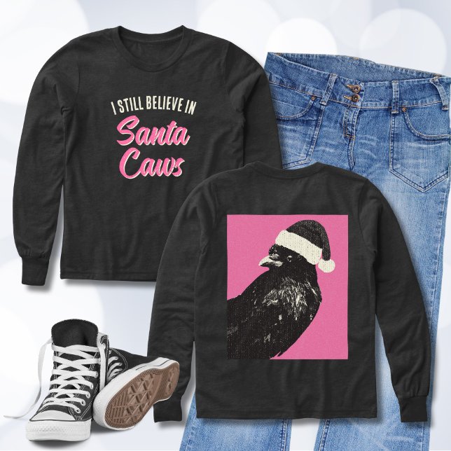 Curioso que creo en Santa Caws de manga larga (A pink and black girls' longsleeve t-shirt perfect for the holiday season features Santa Caws!)