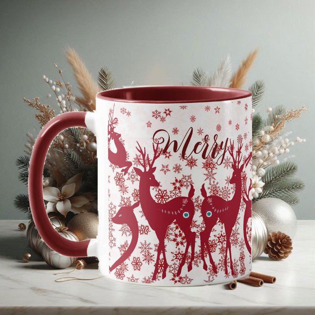 Curiosos renos navideños con copas de nieve nórdic (Cute Merry Christmas Reindeers Snowflakes Nordic Mug)