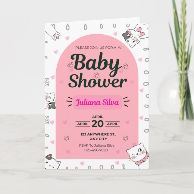 Cursa invitación a Baby Shower con gatos kawaii (Anverso)