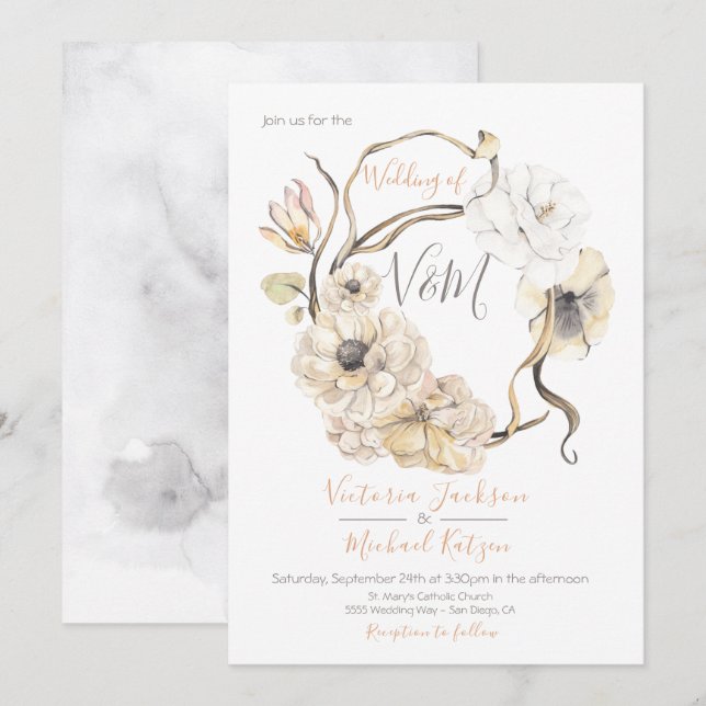 Curso de agua orgánica Floral Boho Invitaciones de (Anverso / Reverso)