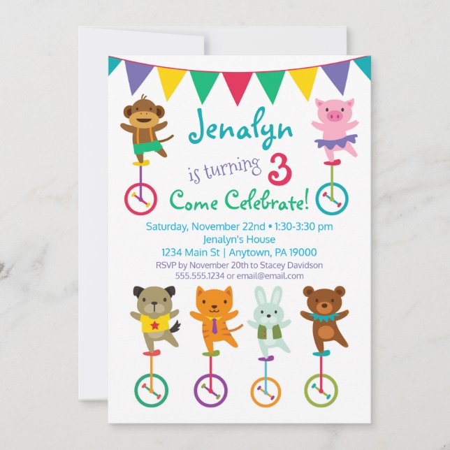 Curso de Animales Invitación al cumpleaños Circo d (Anverso)