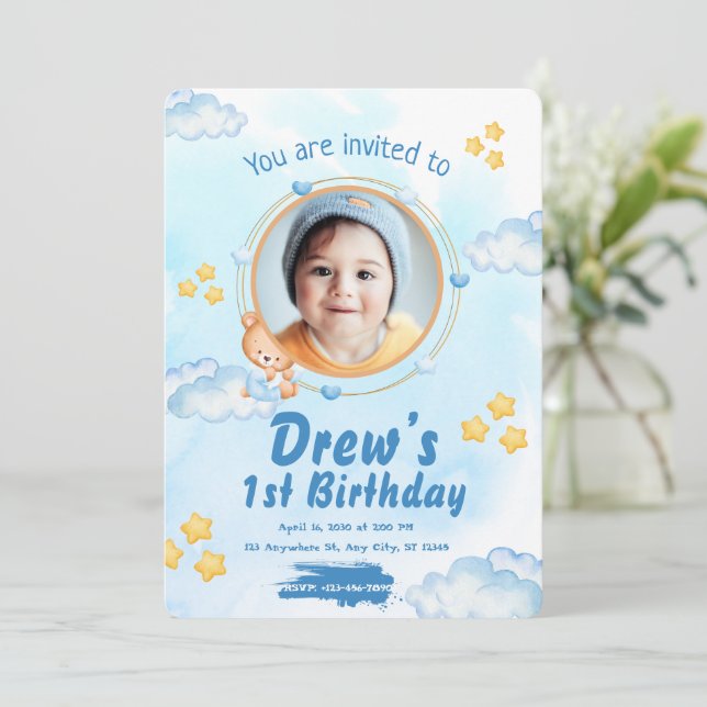 Curte 1ᵉʳ Baby Boy Birthday Invitación (Anverso de pie)