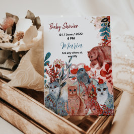 Curte Animales baby ducha invitación rojo y azul