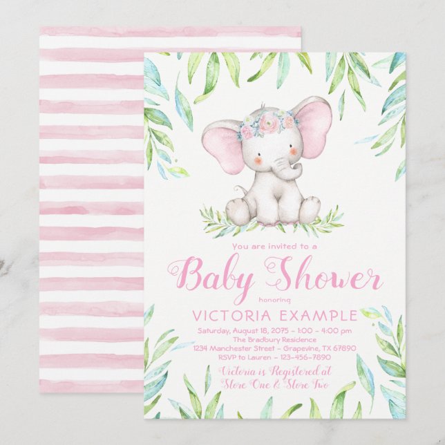 Curte Baby Girl Elephant Baby Shower Invitaciones (Anverso / Reverso)