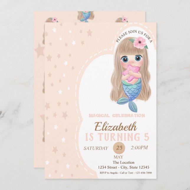 Curte Baby Mermaid Stars Invitación al cumpleaños (Anverso / Reverso)