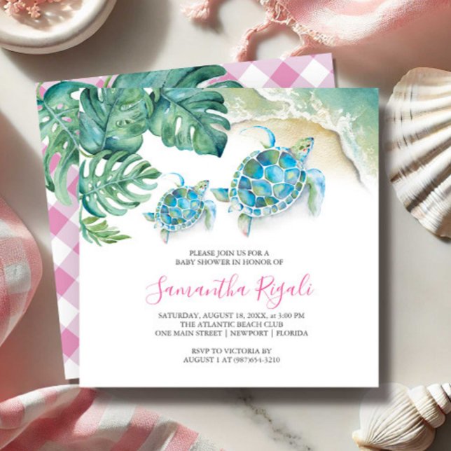 Curte Baby Shower Invitaciones Watercolor tropical (Girl baby shower invitations for sip and see features tropical sea turtle art Victoria Grigaliunas)