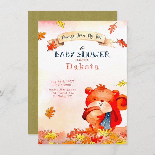 Curte Bear Fall Otoño Invitaciones a la ducha para (Anverso / Reverso)