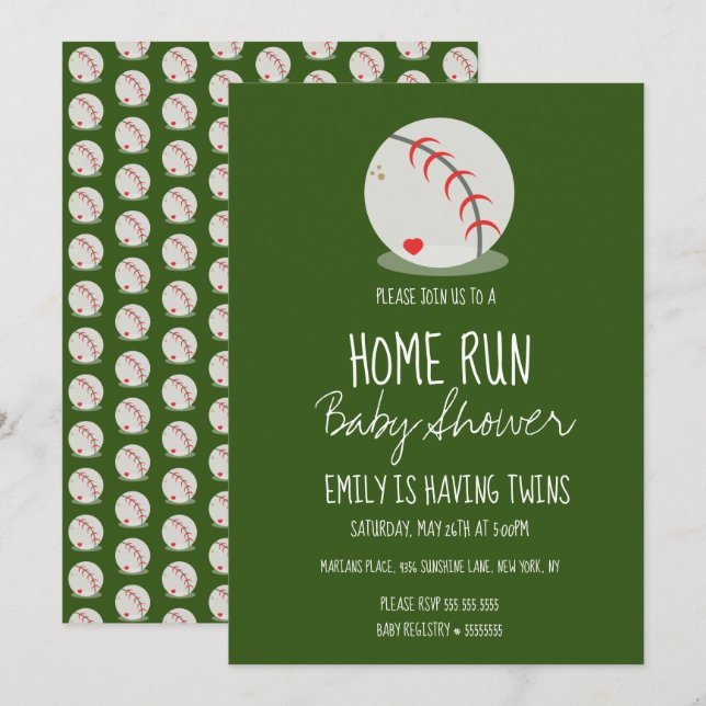 Curte Béisbol Deportes Baby Shower Invitación Verd (Anverso / Reverso)
