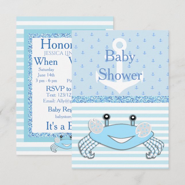 Curte Blue Baby Boy Crab Beachy Shower Invitación (Anverso / Reverso)