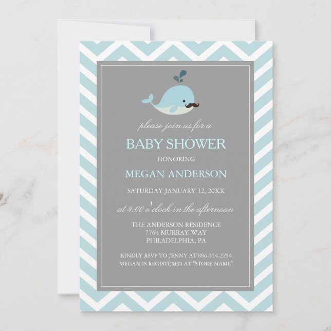 Curte Blue Mustache Whale Boy Invitación de Baby S (Anverso)