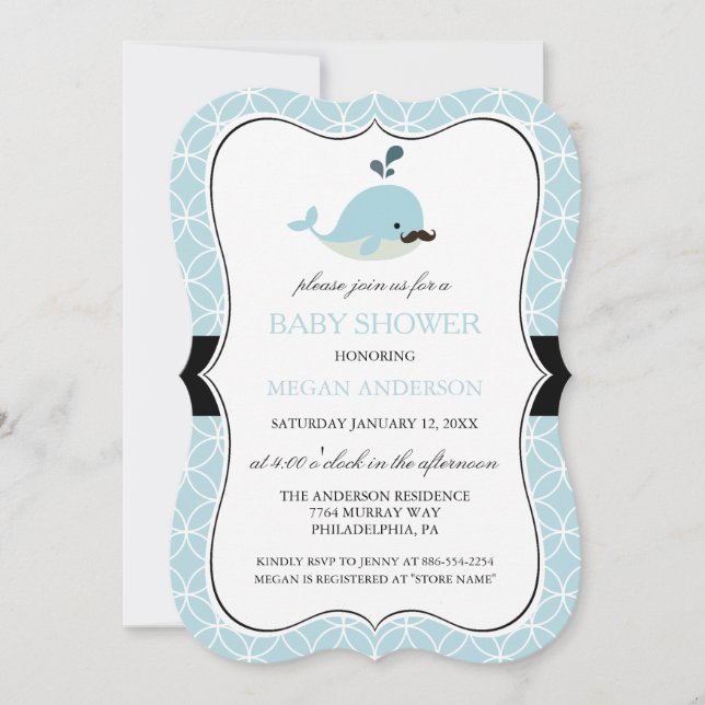 Curte Blue Mustache Whale Boy Invitación de Baby S (Anverso)