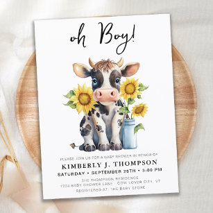 Curte Cow Sunflowers Invitación moderna a Baby Sho