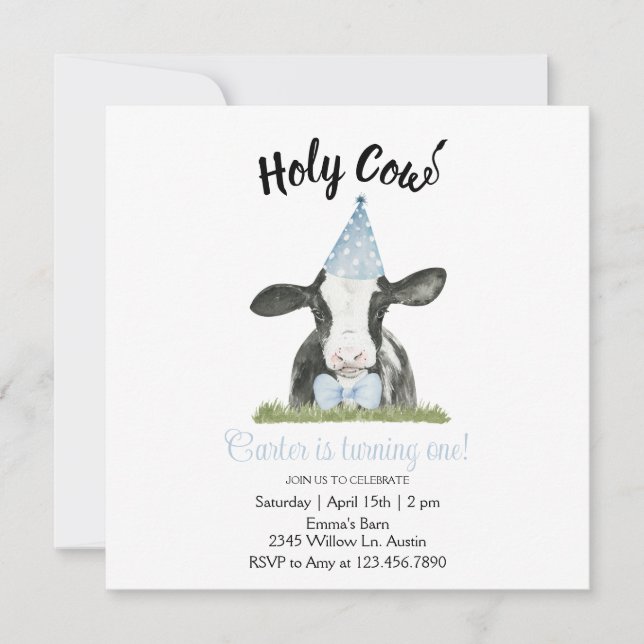 Curte de vaca con gorra Fiesta azul y invitación a (Anverso)