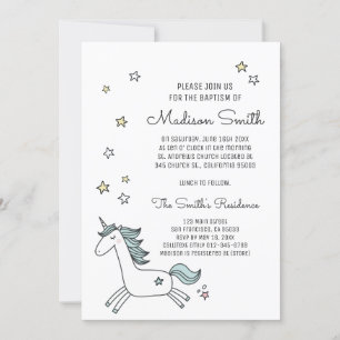 Curte Doodle Unicorn y Stars Baptism Invitan