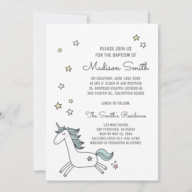 Curte Doodle Unicorn y Stars Baptism Invitan (Anverso)