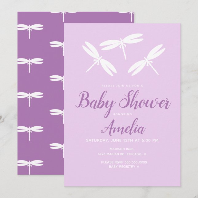 Curte Dragonflies Violet Invitación Baby Shower (Anverso / Reverso)