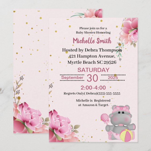 Curte Hippo Floral Baby Invitaciones A La Ducha (Anverso / Reverso)