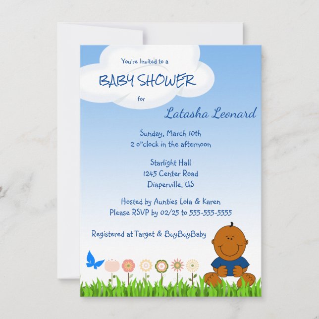 Curte invitación a ducha de bebé afroamericano (Anverso)
