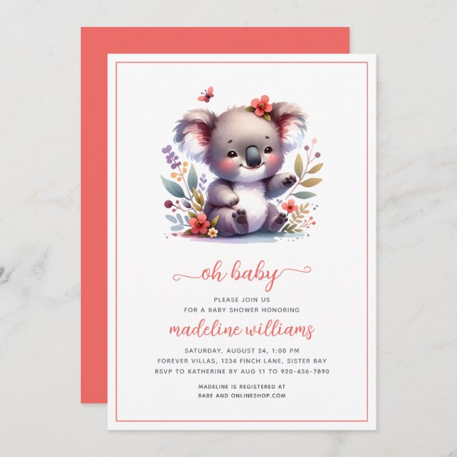 Curte Koala Chica Oh Invitación a Baby Shower (Anverso / Reverso)