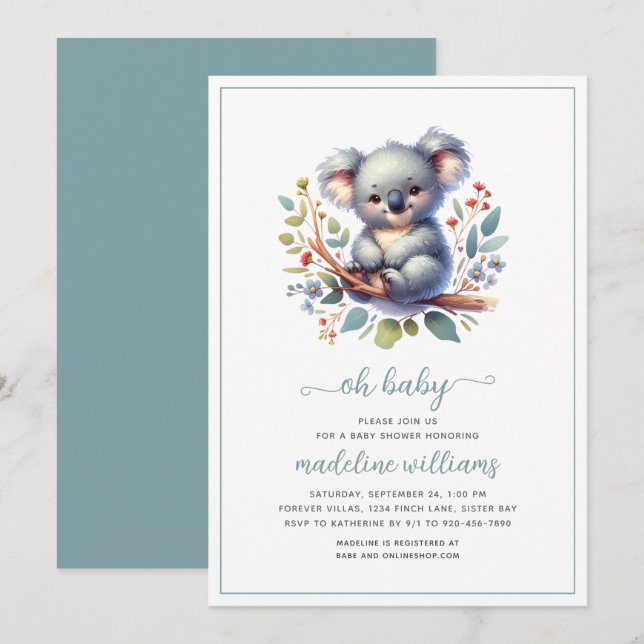 Curte Koala Oh Invitación a Baby Shower (Anverso / Reverso)