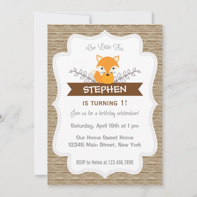 Curte Little Fox Birthday Invitación Woodland (Anverso)