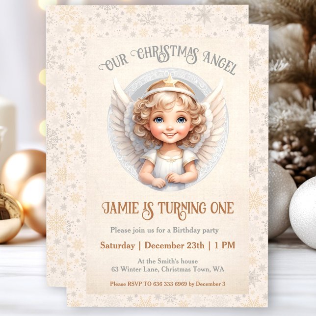 Curte Navidades Angel 1er cumpleaños invitación (Cute Christmas Angel 1st Birthday Invitation)