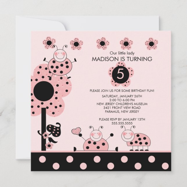Curte Pink & Black Ladybugs Invitación de cumpleañ (Anverso)