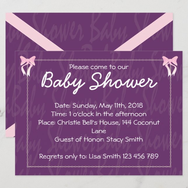 Curte Pink Bow Baby Shower Purple Invitación (Anverso / Reverso)