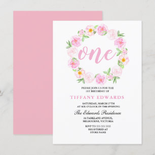 Curte Pink Floral Wreath 1ª invitación de cumpleañ