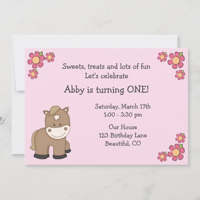 Curte Pony 1er cumpleaños invitación a Chicas (Anverso)