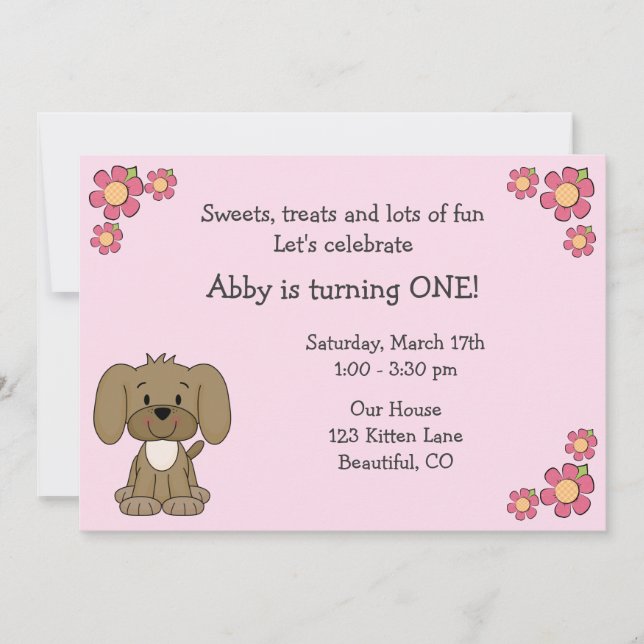 Curte Puppy 1er cumpleaños invitación a Chicas (Anverso)