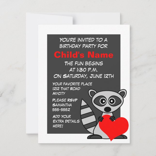 Curte Raccoon y Heart Birthday Invitación (Anverso)