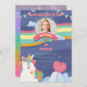Curte Rainbow Añadir foto invitación a unicornio p