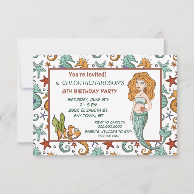 Curte Seahorse Mermaid Birthday Party Invitación (Anverso)