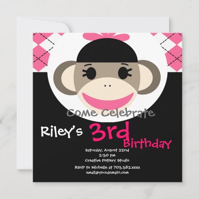 Curte Sock Monkey Invitaciones de cumpleaños Pink  (Anverso)