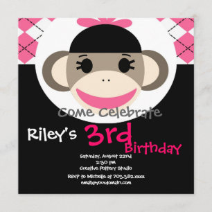 Curte Sock Monkey Invitaciones de cumpleaños Pink