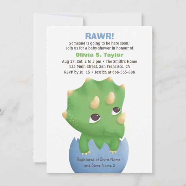 Curte Triceratops Invitaciones a la ducha de dinos (Anverso)