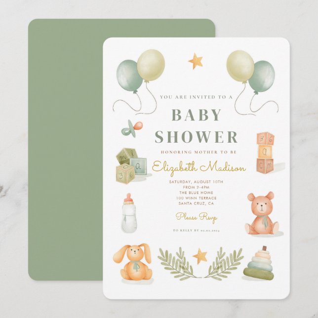 Curte Watercolor Baby Toys Invitación Baby Shower (Anverso / Reverso)