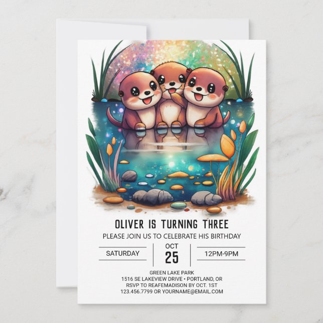Curte Watercolor Otter Magic Birday Invitación (Anverso)