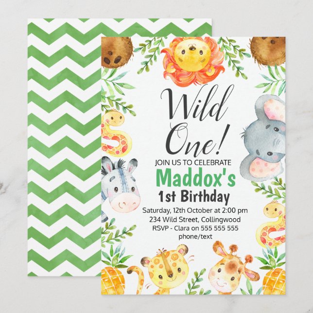 Curte Watercolor Safari Animales Invitación al cum (Anverso / Reverso)