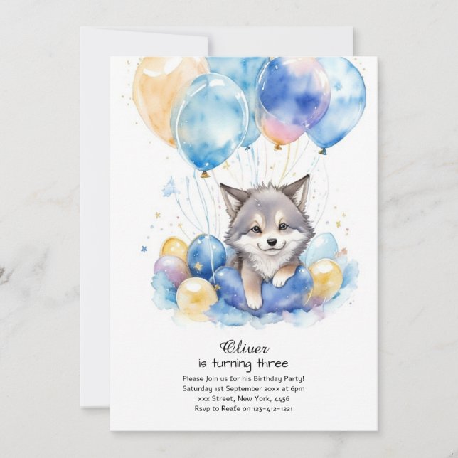 Curte Watercolor Wolf Pup Invitación de cumpleaños (Anverso)