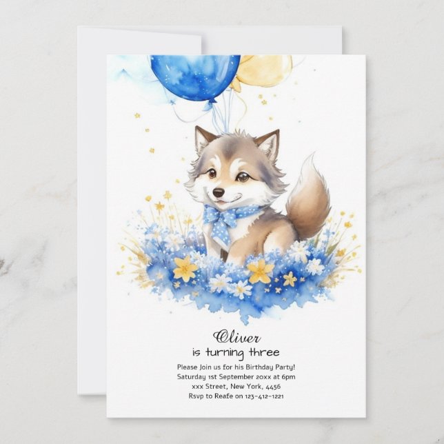 Curte Watercolor Wolf Pup Invitación de cumpleaños (Anverso)