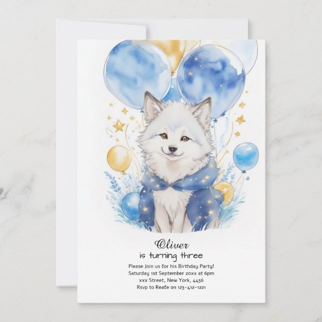 Curte Watercolor Wolf Pup Invitación de cumpleaños (Anverso)