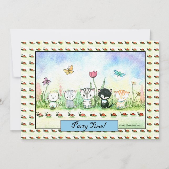Curte Whimsical Kitty Puppy Ladybug Invitación (Anverso)