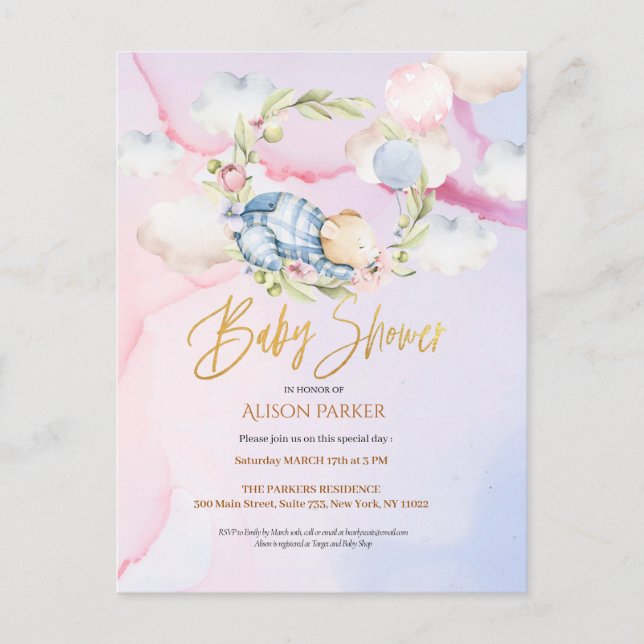 Curte Woodland Teddy Bear Boy Invitación Baby Show (Anverso)