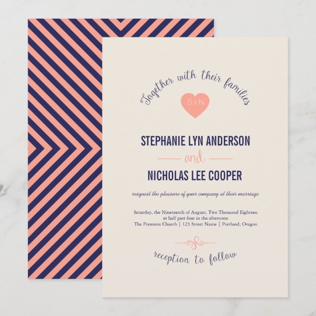 Curva de coral de la marina invitación a la boda d (Anverso / Reverso)