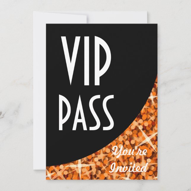 Curva negra de Glitz Naranja invitación "VIP Pass" (Anverso)