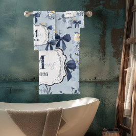 Custom Elegant Blue Bow Floral Monogram