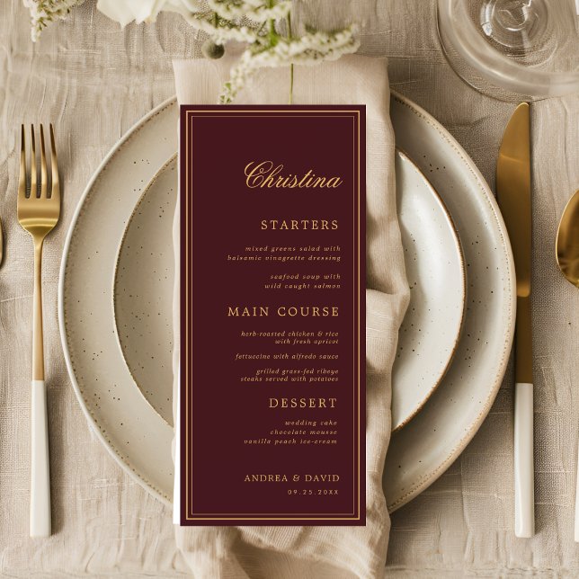 Custom Guest Name Burgundy Gold Place Card Menu (Subido por el creador)